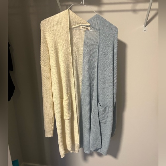 Women's Cream and Blue Open Cardigan Sweater - Picture 1 of 5